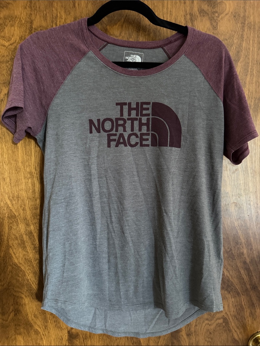 The North Face Gray Body with Burgundy Sleeves Logo Raglan Tee